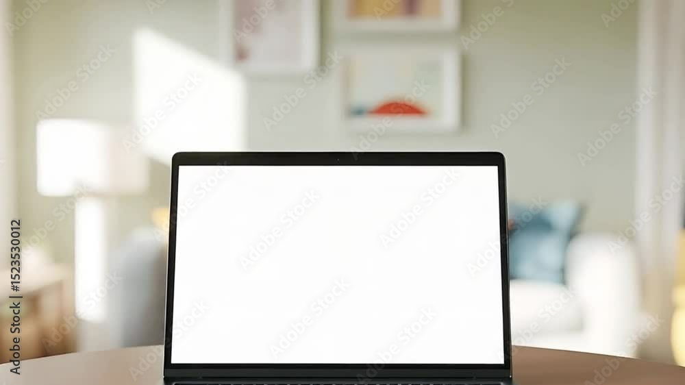 Poster laptop computer with blank screen on table in modern home environment