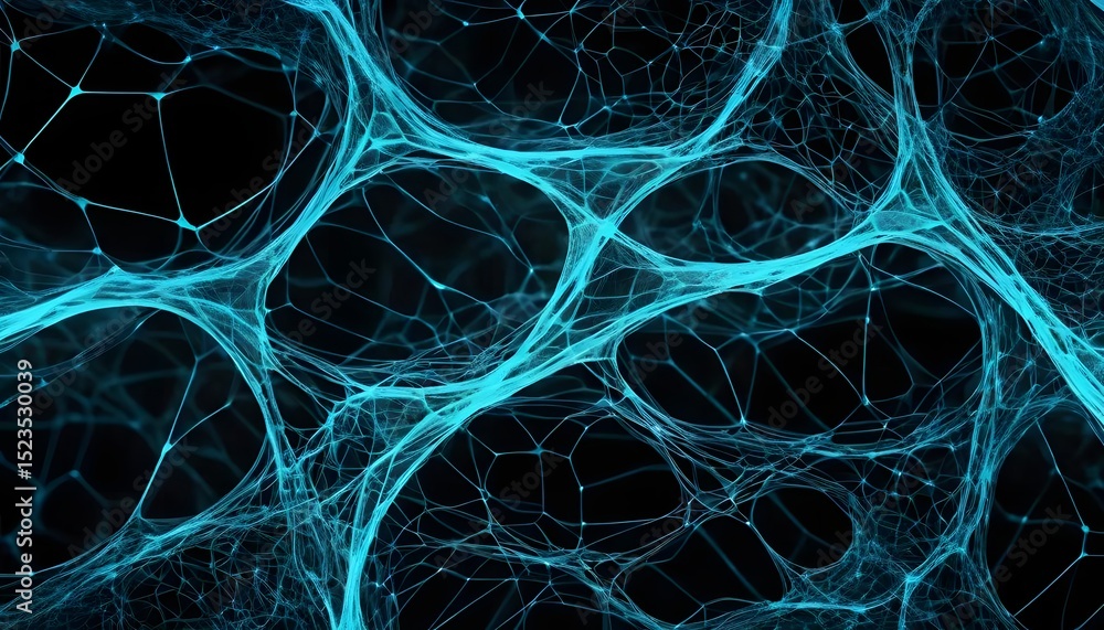 Poster a complex network of interconnected blue lines and nodes against a dark black background creating de
