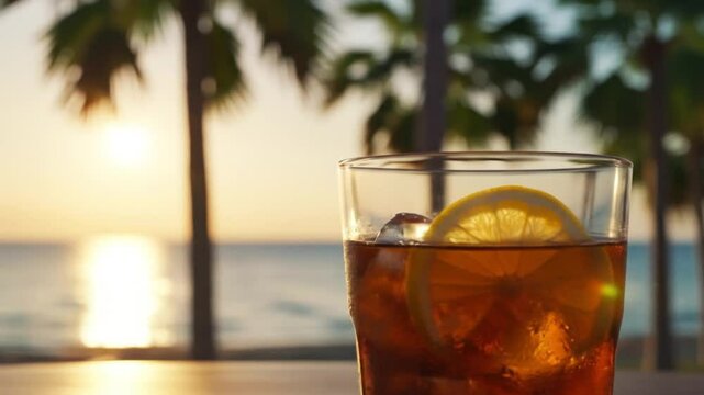 Cuba Libre cocktail at sunset on tropical beach