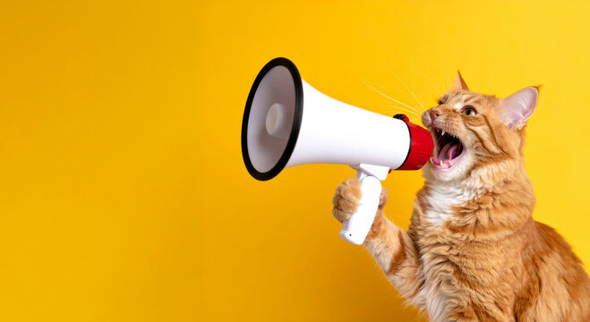 cat shouting with megaphone with copy space design announcement 