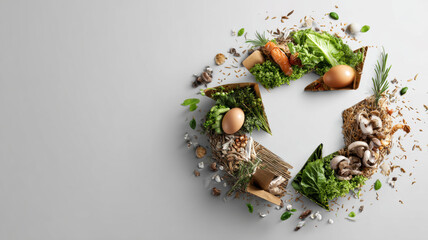 Circular economy concept with arrows transforming food waste into energy and compost, symbolic eco design
