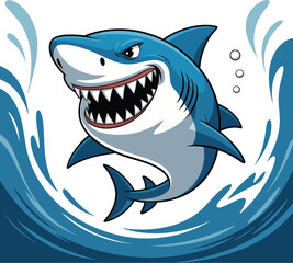 Naklejka premium Cartoon shark swimming in the ocean with blue fins and sharp teeth