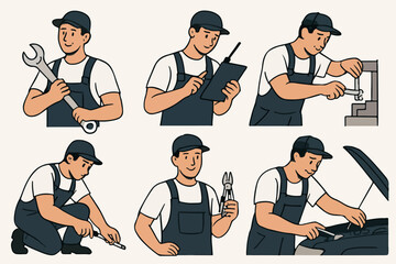 Vector Set Mechanic at Work: A set of illustrations showing a diverse mechanic in a variety of automotive repair scenarios. Each depicts skilled technician meticulously working on vehicles