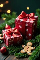 Secret Santa gift boxes nestled by spruce & gingerbread cookies , secret santa, xmas, gifts