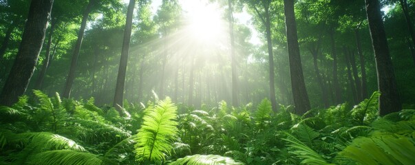 Lush forest sunlight through green ferns and tall trees woodland natural environment