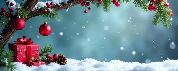 Snowy twig frame, Xmas tree, gifts, red baubles, berries, cones , berries, balls