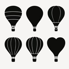 Obraz premium Vector Set Air Balloon Silhouettes: A collection of six distinct air balloon silhouettes, showcasing variations in shape and design, ideal for branding, travel, and adventure themes.
