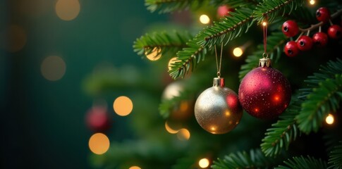 Obraz premium Sparkling lights on a lush green fir, baubles, berries , nature, tree