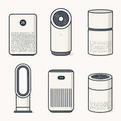Vector Set Modern Air Purifiers: A stylish assortment of air purifiers, showcasing their sleek designs and innovative technology designed to purify air and improve indoor environments.