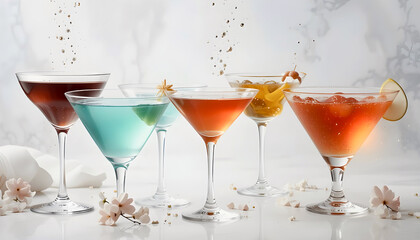 A Row of Colorful Cocktails in Martini Glasses – Elegant Drink Presentation on White Background

