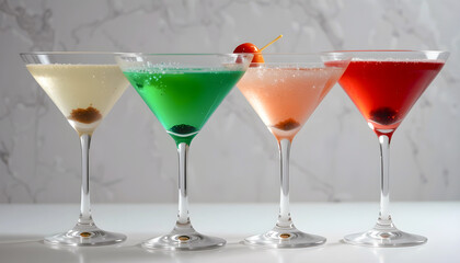 A Row of Colorful Cocktails in Martini Glasses – Elegant Drink Presentation on White Background

