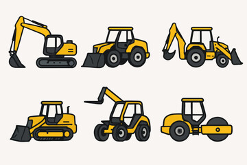 Vector Set Heavy Machinery Display: A detailed presentation showcasing various views of construction equipment, offering a comprehensive perspective on industrial tools. 