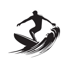 Vector illustration of a surfer riding a wave, showcasing action and balance in the ocean. Perfect for summer themes, beach lifestyle, water sports designs, travel promotions, and adventure content.