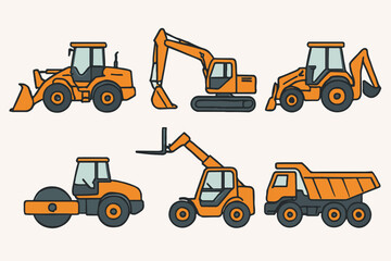 Vector Set Heavy Machinery Display: A detailed presentation showcasing various views of construction equipment, offering a comprehensive perspective on industrial tools. 