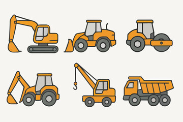 Vector Set Heavy Machinery Display: A detailed presentation showcasing various views of construction equipment, offering a comprehensive perspective on industrial tools. 