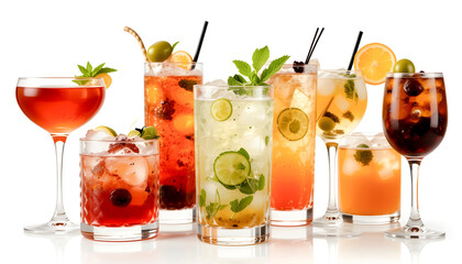 A Row of Colorful Cocktails in Martini Glasses – Elegant Drink Presentation on White Background

