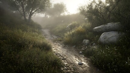 Fototapeta premium Misty morning path natures beauty unfolds