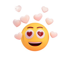 3D Happy Emoji Face with Heart Eyes Surrounded by Pink Hearts on Transparent Background