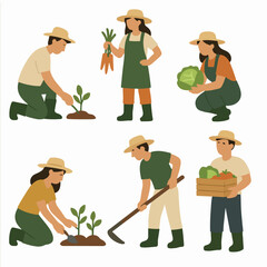 Vector Set People gardening and harvesting organic vegetables