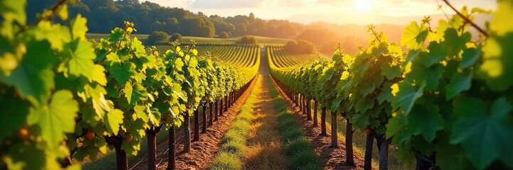 Naklejka premium Sun-drenched rows of grape vines stretching to the horizon, lush green foliage heavy with ripening fruit, a picturesque vineyard landscape , country, wine tourism