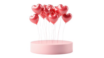 Pink pedestal with red heart shaped balloons floating above romantic display for love celebration and valentine theme isolated on white background