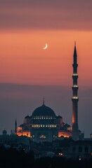 Majestic Mosque at Sunset with Crescent Moon: A Serene Islamic Architectural Landscape
