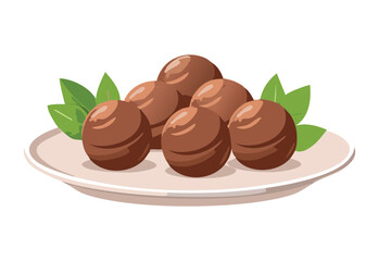 Chocolate Truffles with Mint on White Plate - Vector Illustration