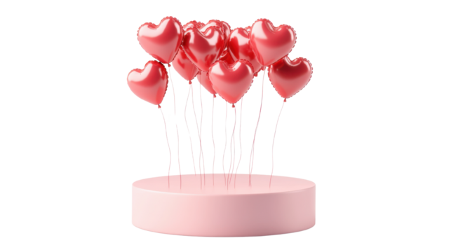 Pink pedestal with red heart shaped balloons floating above romantic display for love celebration and valentine theme isolated on white background