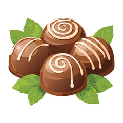 Swirled Chocolate Truffles with Green Leaves - Vector Illustration