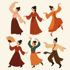 Vector Set Chinese dancers in traditional clothing performing

