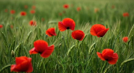 Fototapeta premium Vibrant display of red poppies dancing amidst a sea of swaying wheat stalks