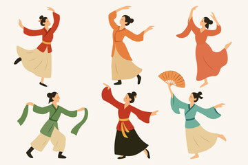 Vector Set Chinese dancers in traditional clothing performing
