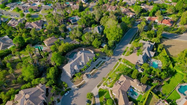 Scenic Aerial Sunset Over Lush Suburban Neighborhood in Redlands, California