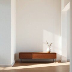 Minimalist interior with wooden console and white vase decorated with dried plants in natural light
