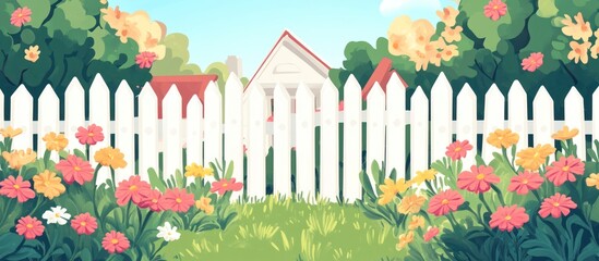 Obraz premium A charming garden scene behind a picket fence on a sunny day.