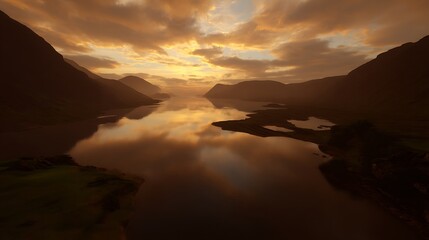 Golden hour over tranquil waterscape reflection