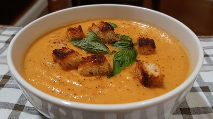 A Creamy Tomato Soup Served With Croutons And Basil Leaves