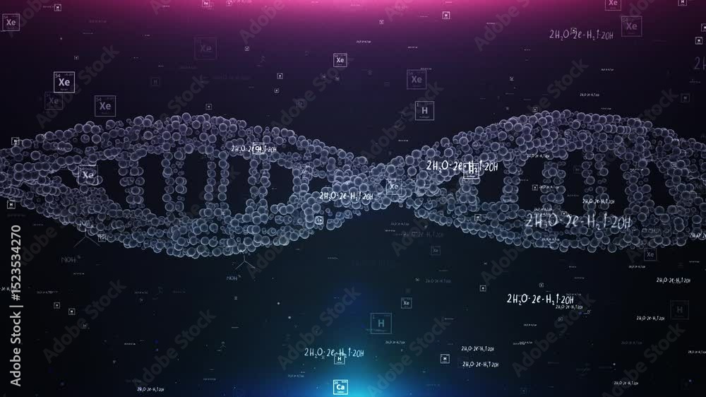 Poster animated dna strand with chemical formulas and xenon elements on dark background