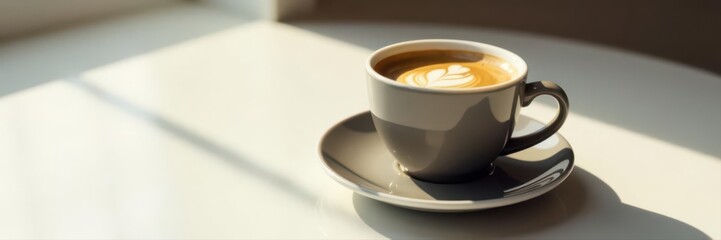 Sleek espresso cup and saucer on light surface, minimal shadows , chic, modern