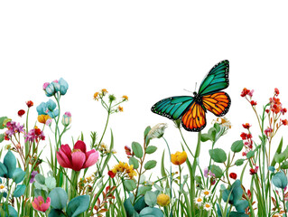 Fototapeta premium Butterflies' Garden: A vibrant butterfly, perched on a delicate flower, flutters amidst a riot of colorful blooms and lush greenery.
