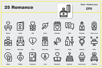 Romance icon set. Editable Stroke Icon Collection. love, couple, heart, date, kiss, hug, passion, wedding, marriage. Outline icons, icon, icon pack, vector collection.