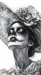 La Calavera Catrina. Elegant woman . Day of the dead. Spanish Dia de los Muertos. Mexican national holiday. Engraved hand drawn Vintage old monochrome sketch. Vertical illustration.