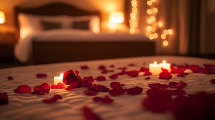 A romantic bedroom setting with rose petals scattered on the bed and soft candlelight glowing