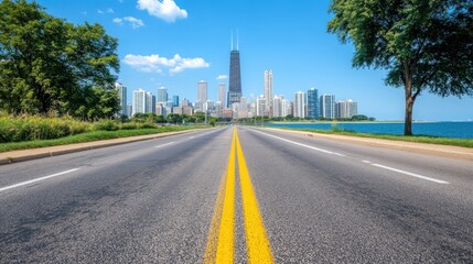 City skyline view from a long asphalt road on a bright day under a clear blue sky