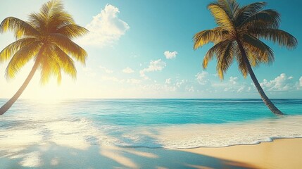 Obraz premium Tranquil Tropical Beach with Palm Trees Sandy Shore and Clear Blue Sea