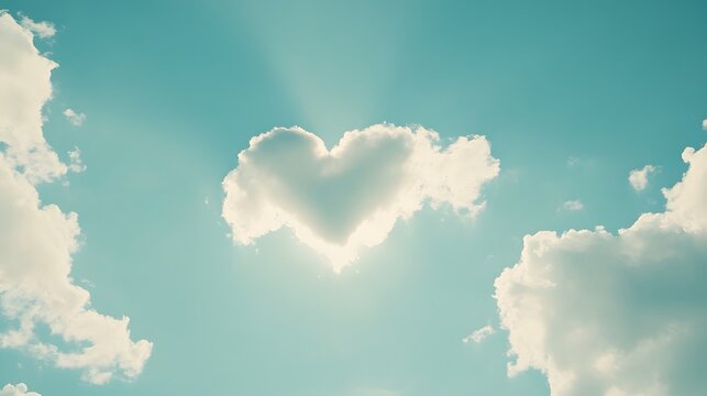A heart shaped cloud in a clear blue sky with soft sunlight shining through