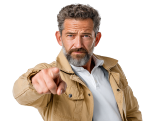 Intense Gaze: A mature man with a serious expression points directly at the viewer, creating a powerful and intense image.