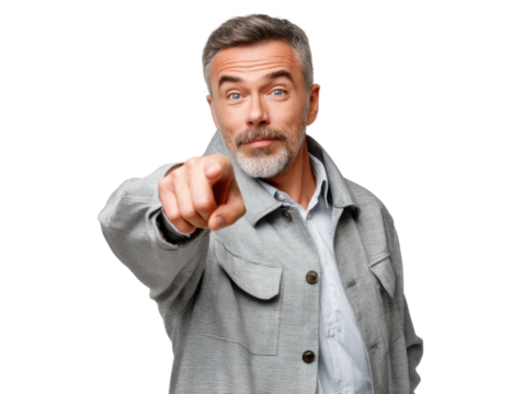 Confident Man pointing: A middle-aged man with silver hair and a trimmed beard, dressed in a light grey jacket, confidently points directly at the viewer. - Powered by Adobe