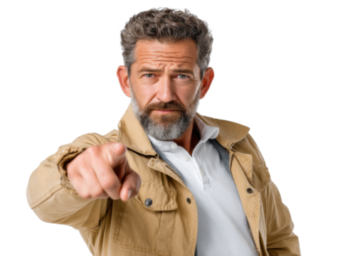 Intense Gaze: A mature man with a serious expression points directly at the viewer, creating a powerful and intense image.