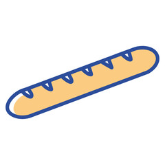 A long, thin French baguette with a crispy crust, placed diagonally on a wooden board. 